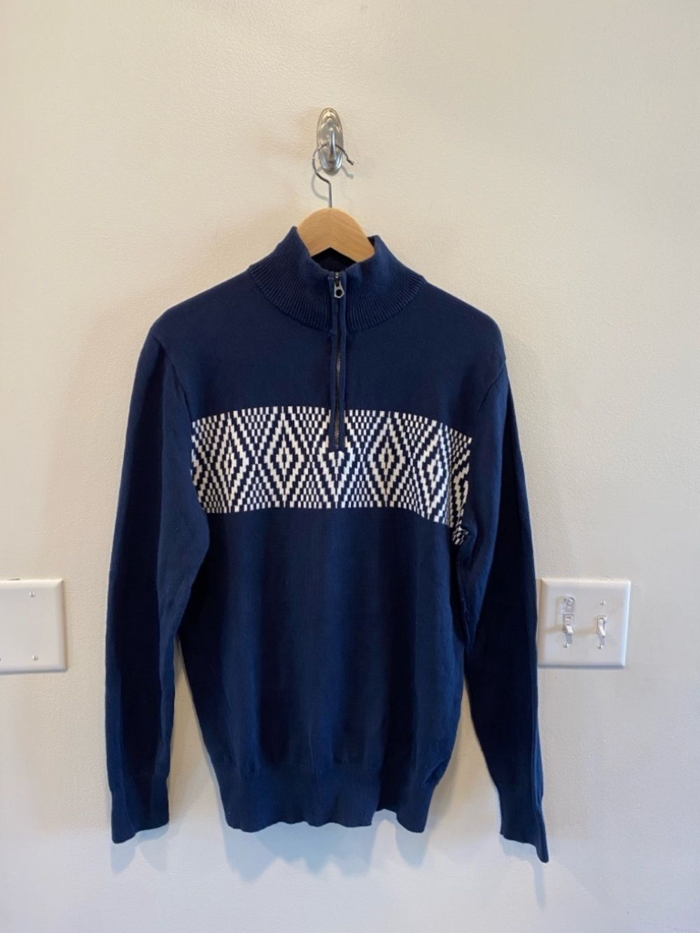 J.Crew Mens 1/4 zip heritage sweater 100% cotton navy preppy pullover fair isle
